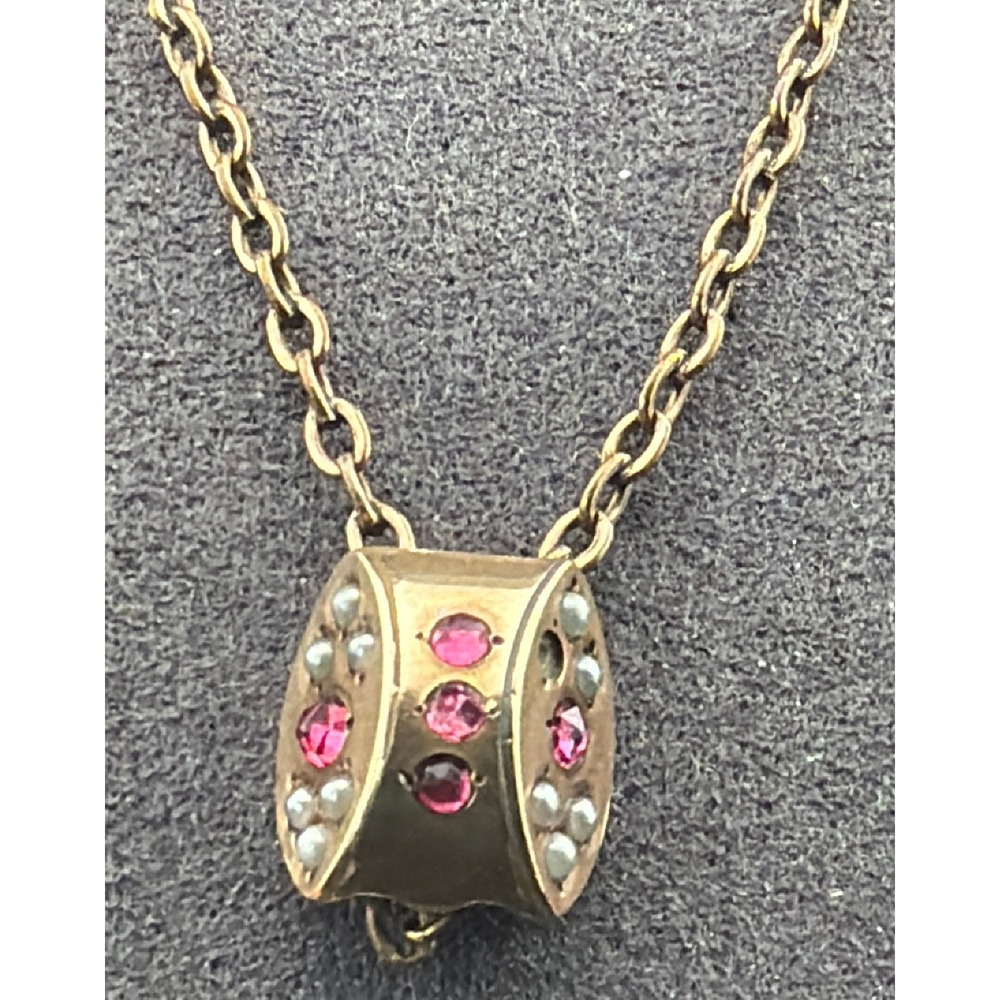 Antique Gold Filled Watch Chain Dunn & Co Dog Clip Pearl Red Stone FOB 48"